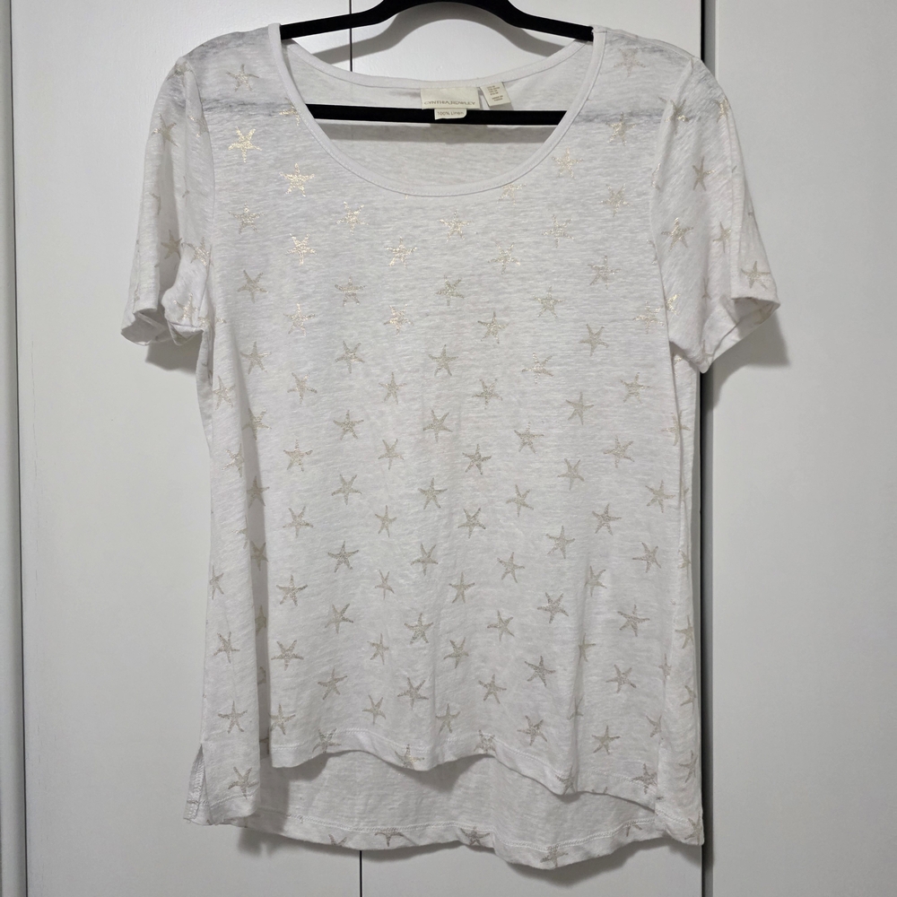 Cynthia Rowley White Starfish Short Sleeve Tee 100% Linen Size M